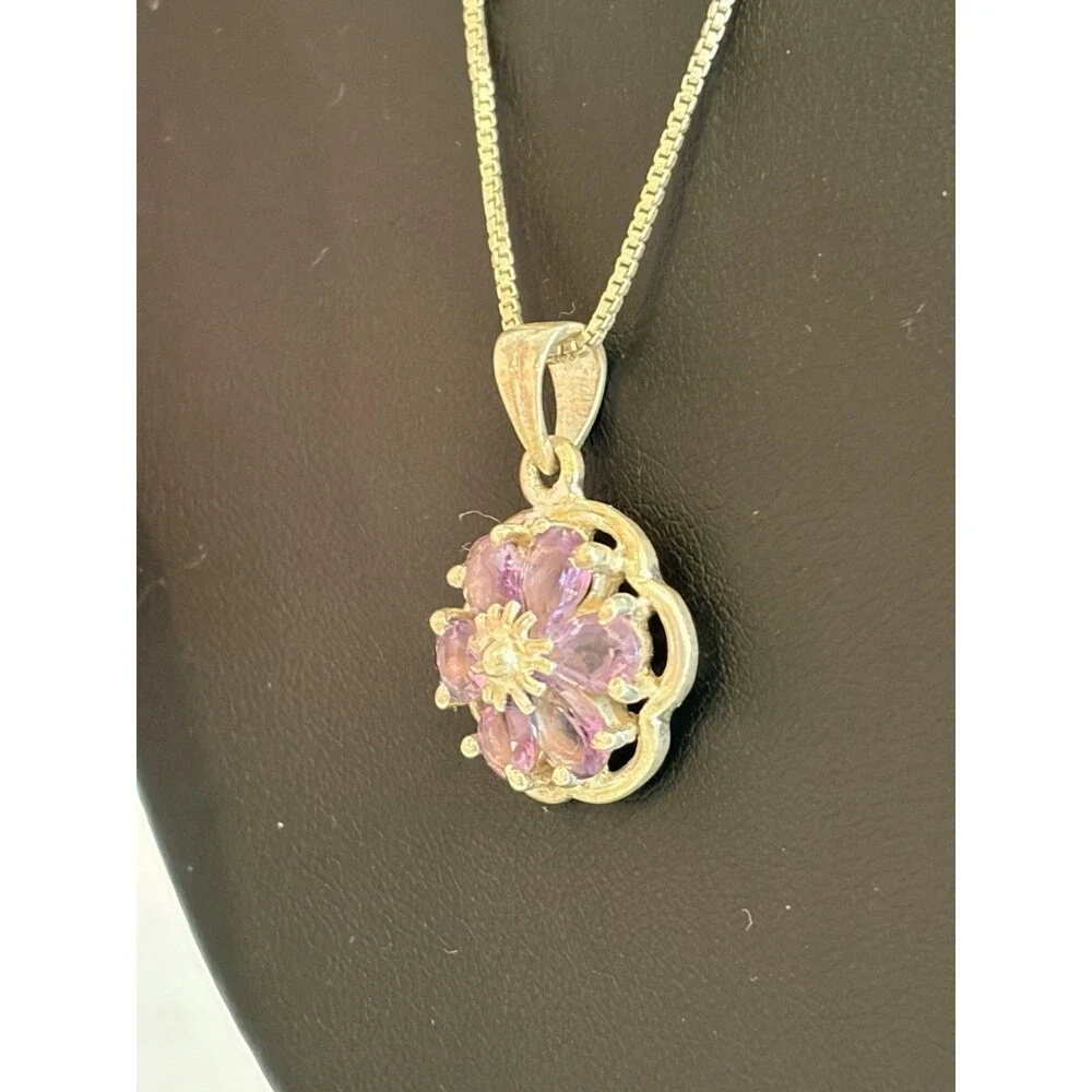 925 STERLING SILVER 1.80 CARAT PURPLE AMETHYST FLOWER PENDANT NECKLACE